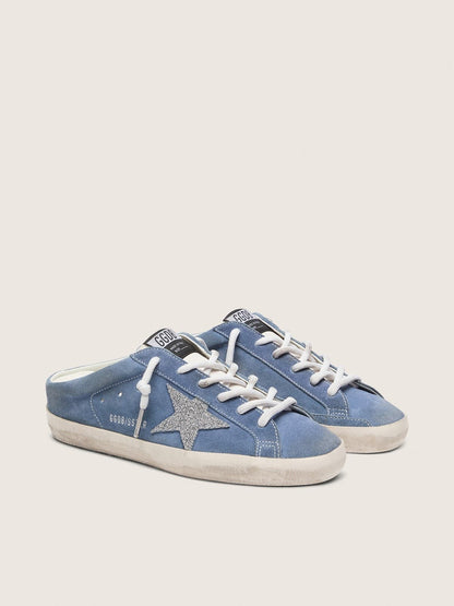Golden Goose Womens Super-Star Sabots In Denim-Blue Suede With Silver Glitter Star Womens