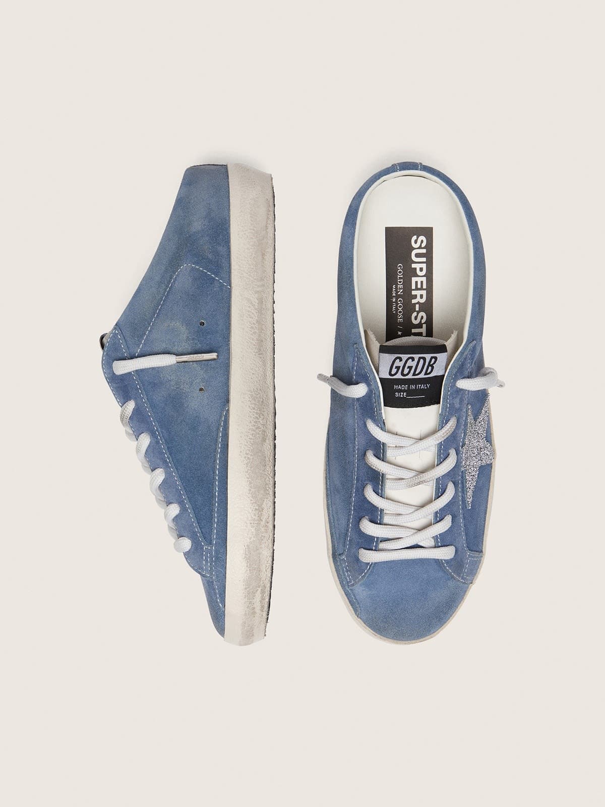 Golden Goose Womens Super-Star Sabots In Denim-Blue Suede With Silver Glitter Star Womens