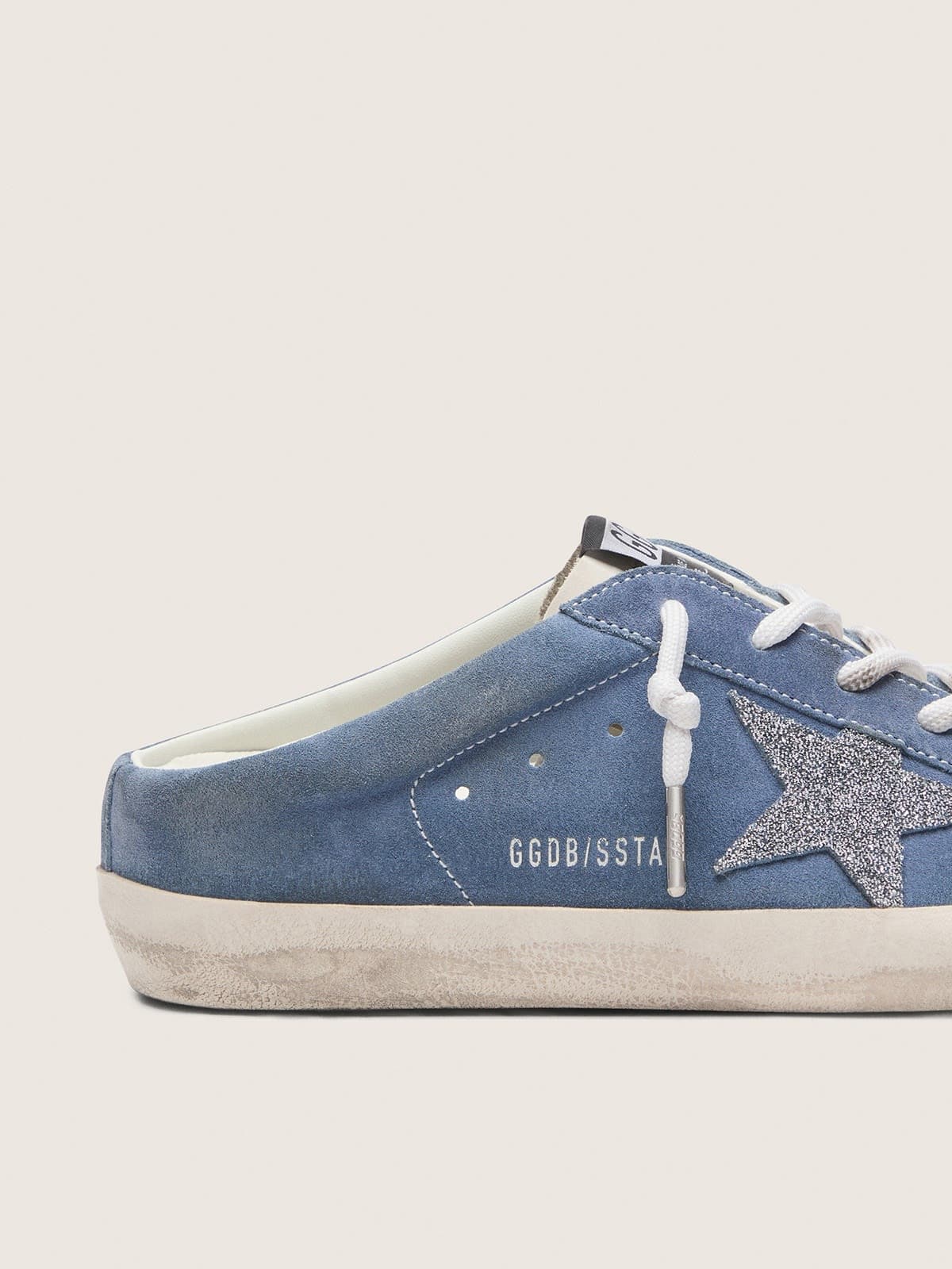 Golden Goose Womens Super-Star Sabots In Denim-Blue Suede With Silver Glitter Star Womens