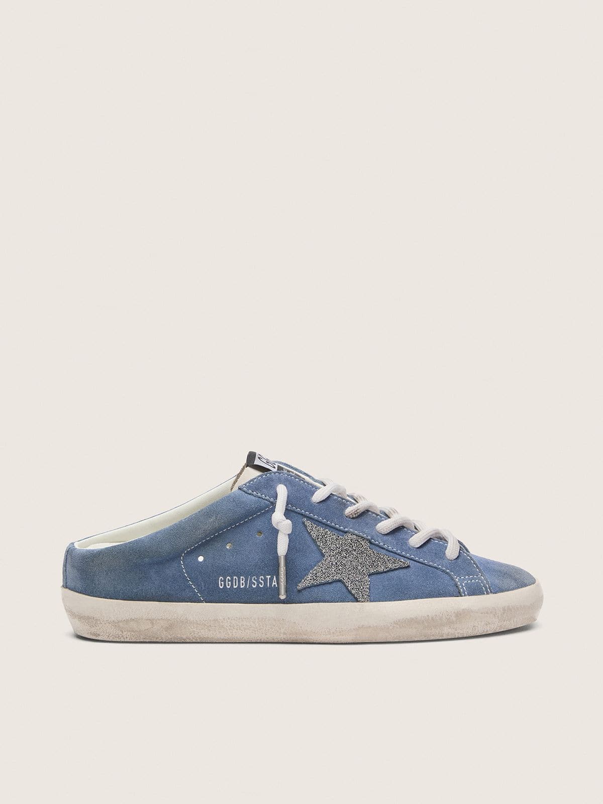 Golden Goose Womens Super-Star Sabots In Denim-Blue Suede With Silver Glitter Star Womens