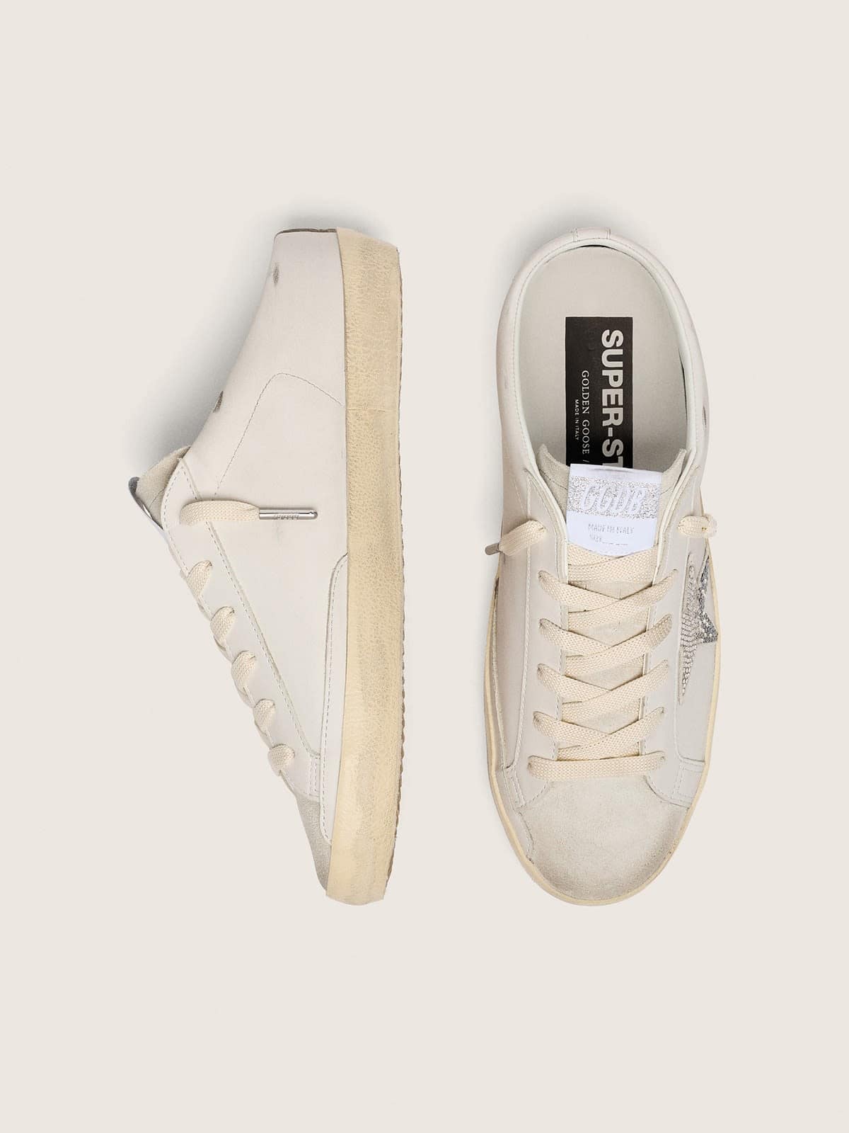 Golden Goose Womens Super-Star Sabots In White Leather With Swarovski Star Womens