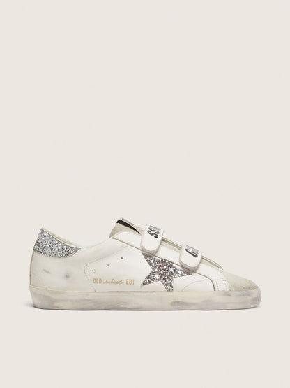 Golden Goose Womens Old School With Silver Glitter Star And Ice-Gray Suede Tongue Womens