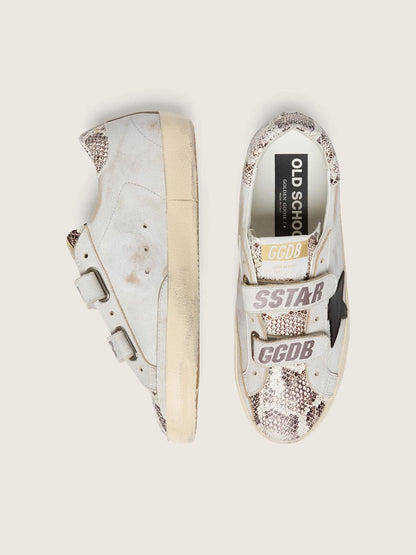 Golden Goose Womens Old School In White Leather With Black Leather Star And Snake-Print Inserts Womens