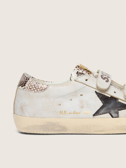 Golden Goose Womens Old School In White Leather With Black Leather Star And Snake-Print Inserts Womens