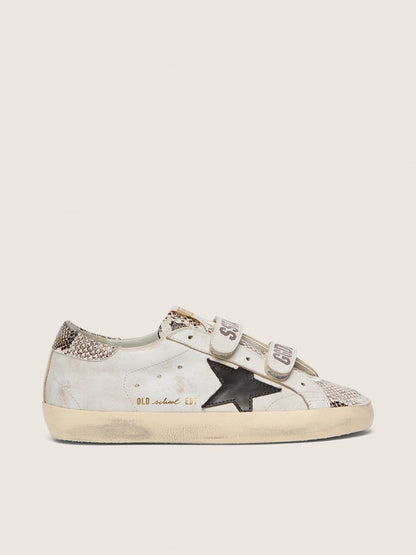 Golden Goose Womens Old School In White Leather With Black Leather Star And Snake-Print Inserts Womens