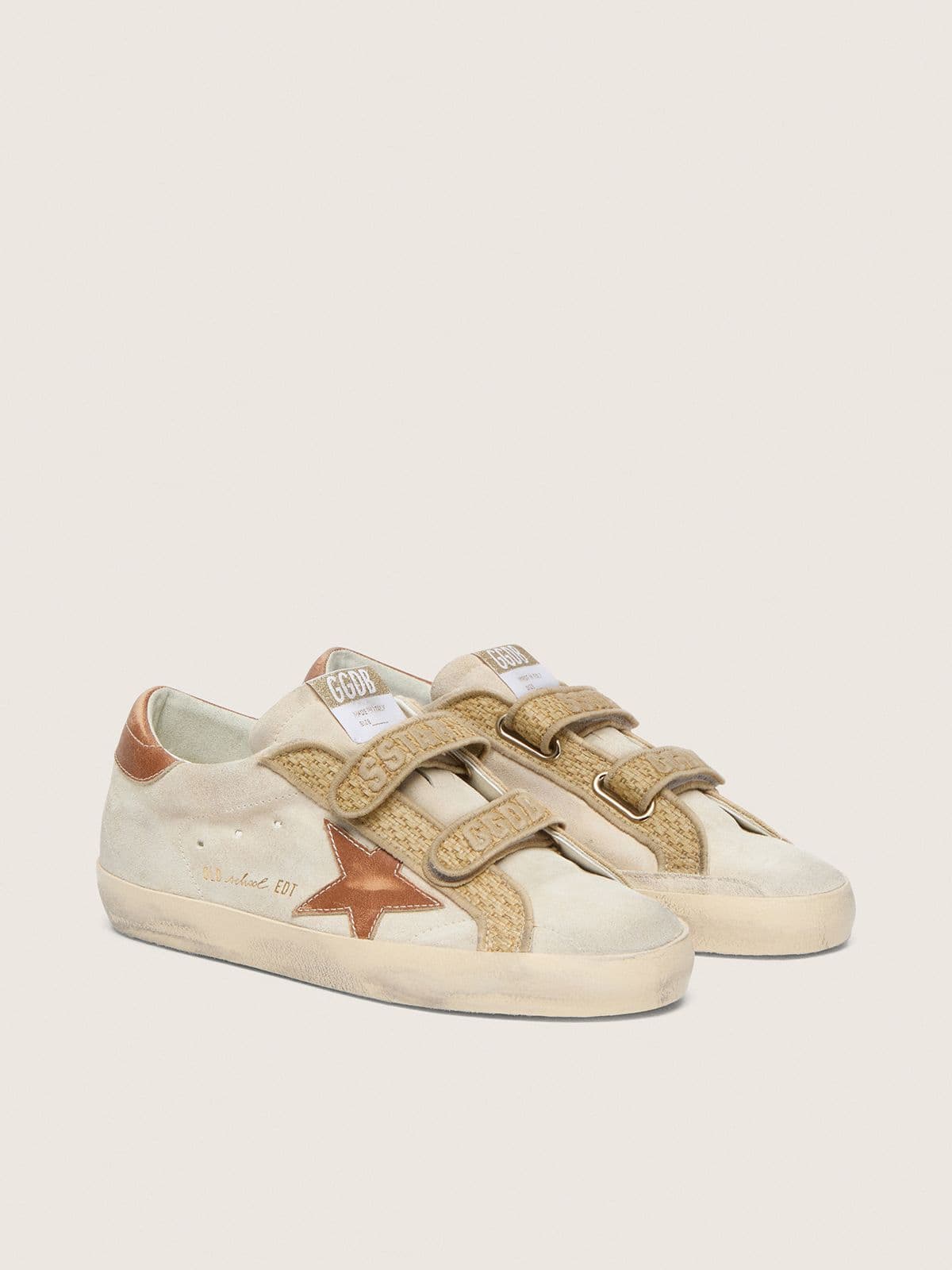 Golden Goose Womens Old School In Pearl Suede With Brick-Red Leather Star And Raffia Strap Womens