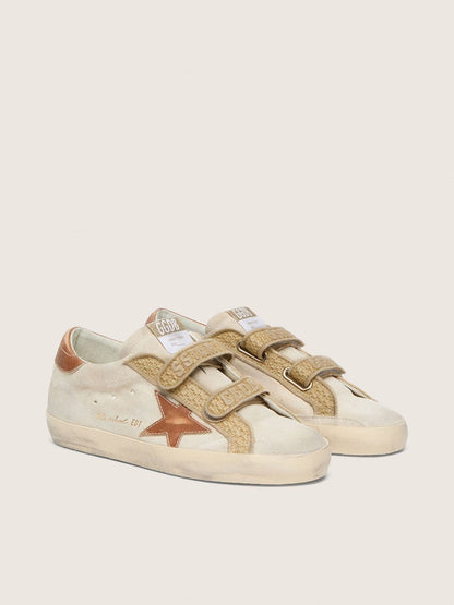 Golden Goose Womens Old School In Pearl Suede With Brick-Red Leather Star And Raffia Strap Womens