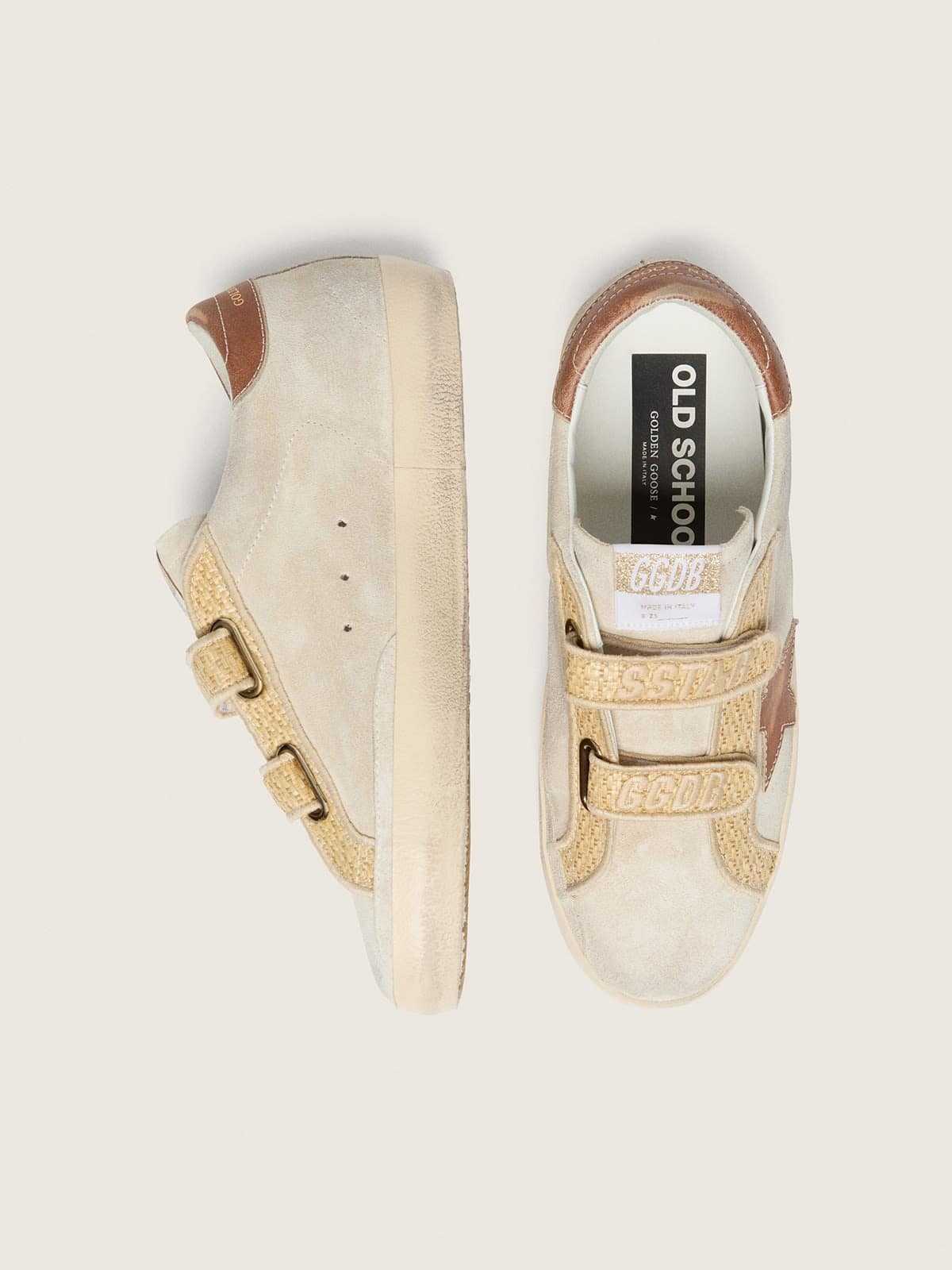 Golden Goose Womens Old School In Pearl Suede With Brick-Red Leather Star And Raffia Strap Womens