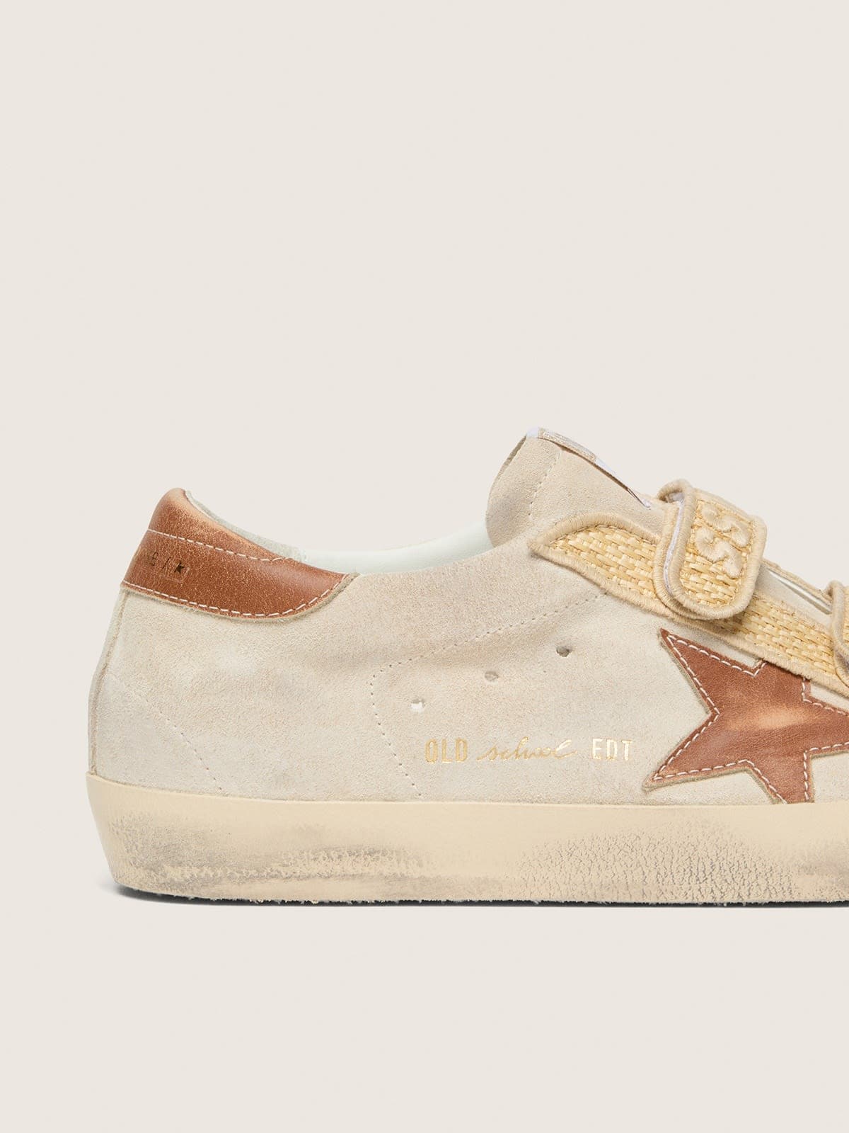 Golden Goose Womens Old School In Pearl Suede With Brick-Red Leather Star And Raffia Strap Womens