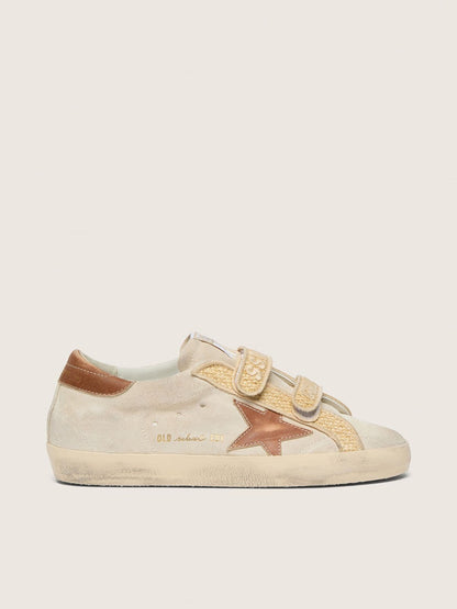 Golden Goose Womens Old School In Pearl Suede With Brick-Red Leather Star And Raffia Strap Womens