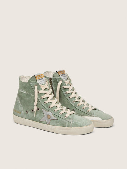 Golden Goose Francy In Green Suede With Silver Metallic Leather Star Womens