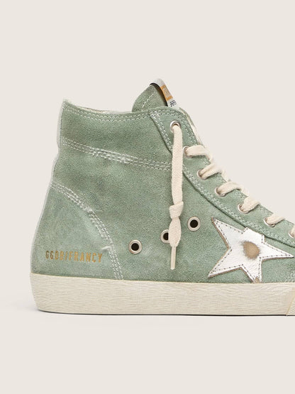 Golden Goose Francy In Green Suede With Silver Metallic Leather Star Womens