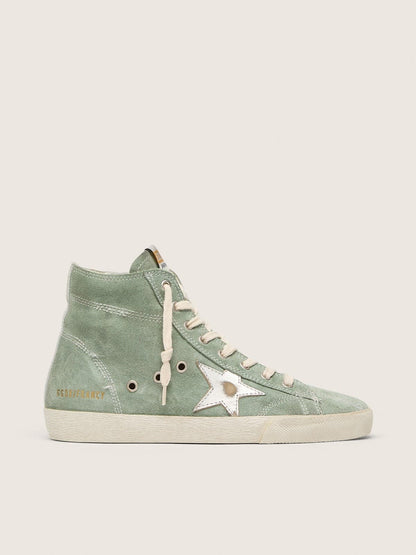 Golden Goose Francy In Green Suede With Silver Metallic Leather Star Womens