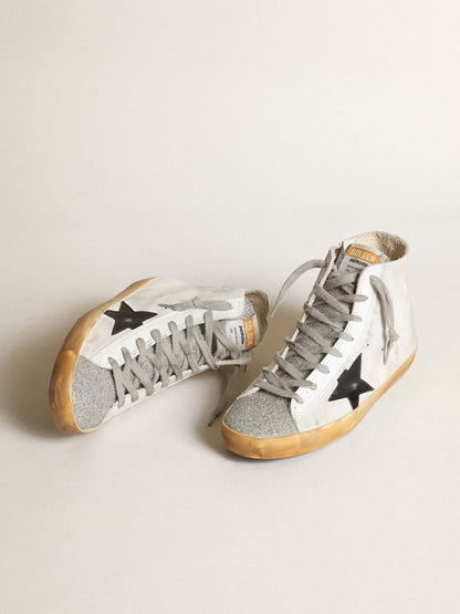 Golden Goose Womens Francy In White Suede With Black Leather Star And Silver Swarovski Crystal Tongue Womens