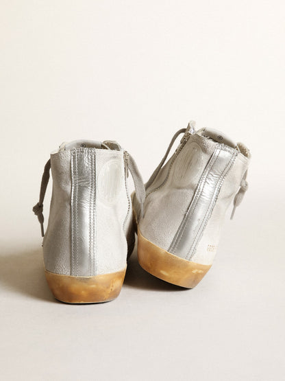 Golden Goose Womens Francy In White Suede With Black Leather Star And Silver Swarovski Crystal Tongue Womens