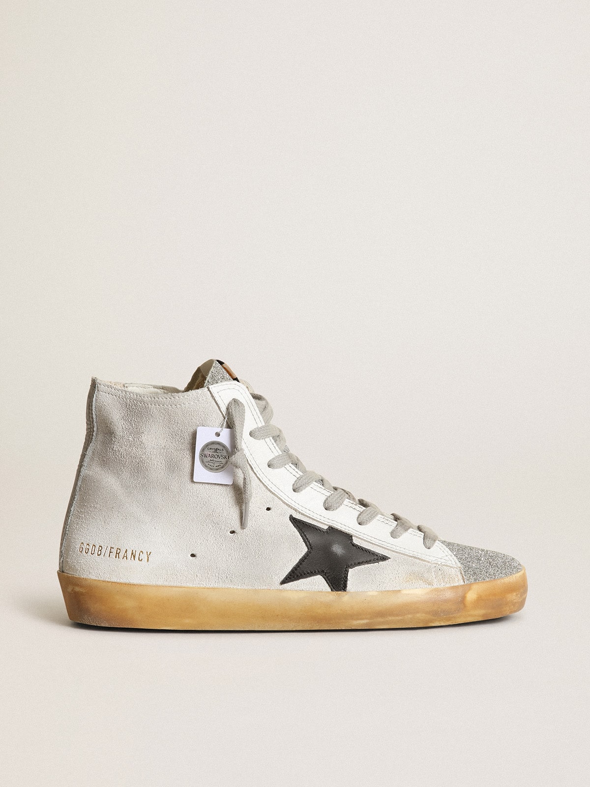 Golden Goose Womens Francy In White Suede With Black Leather Star And Silver Swarovski Crystal Tongue Womens