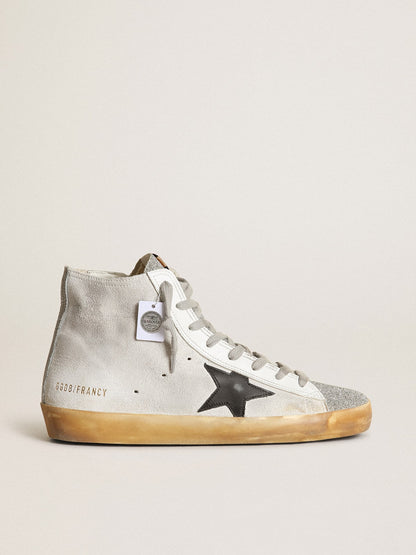 Golden Goose Womens Francy In White Suede With Black Leather Star And Silver Swarovski Crystal Tongue Womens