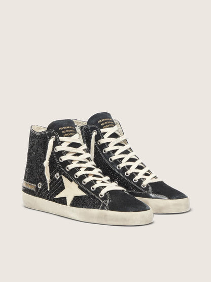 Golden Goose Francy Penstar In Glitter With Ivory Star And Black Heel Tab Womens