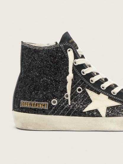 Golden Goose Francy Penstar In Glitter With Ivory Star And Black Heel Tab Womens