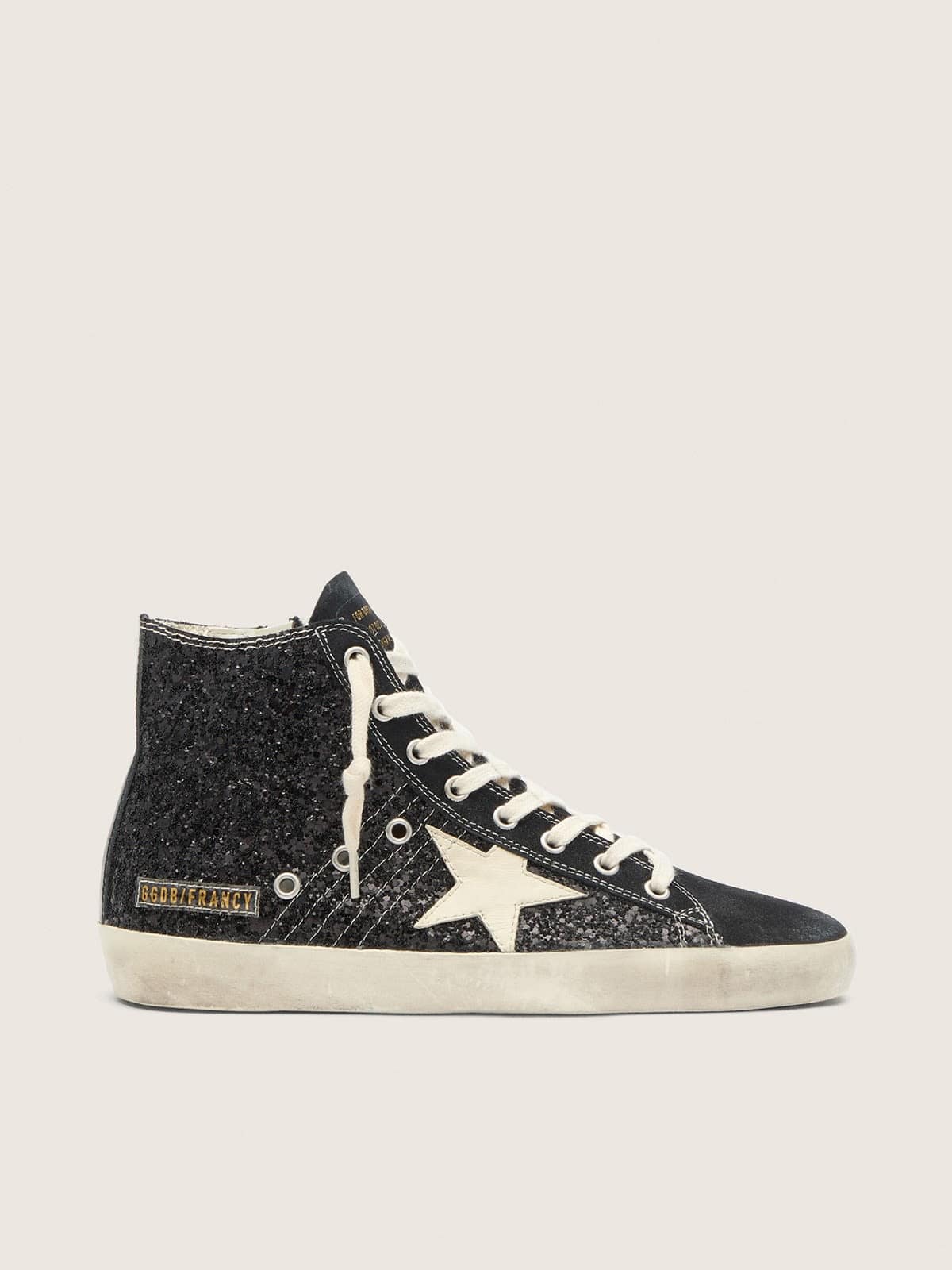 Golden Goose Francy Penstar In Glitter With Ivory Star And Black Heel Tab Womens