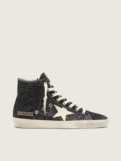 Golden Goose Francy Penstar In Glitter With Ivory Star And Black Heel Tab Womens