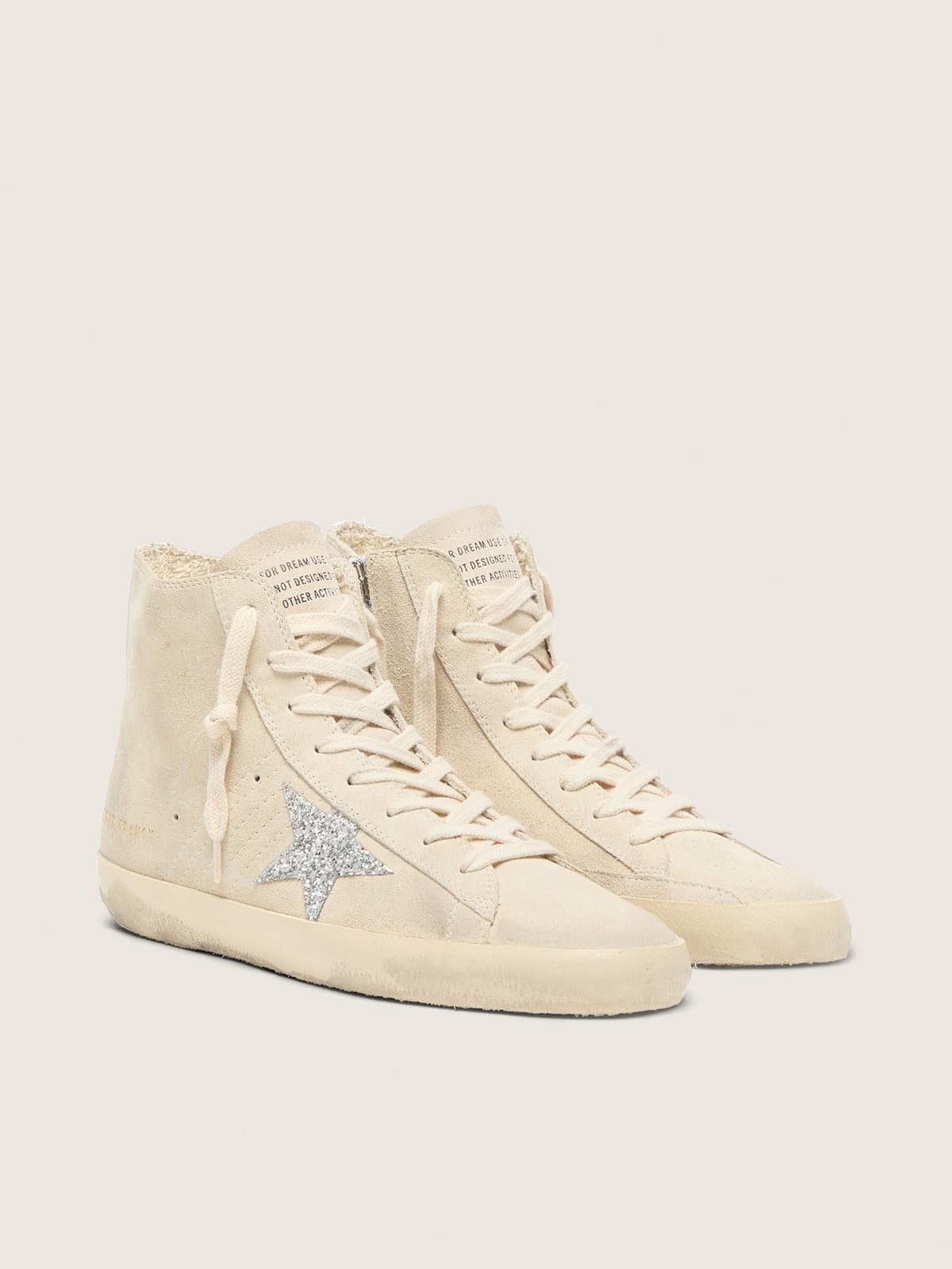 Golden Goose Womens Francy In Beige Suede With Silver Glitter Star Womens
