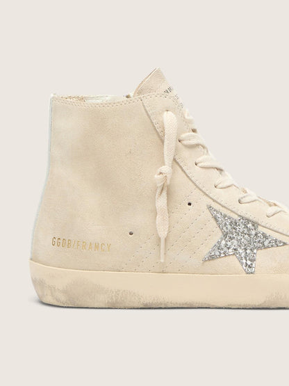 Golden Goose Womens Francy In Beige Suede With Silver Glitter Star Womens