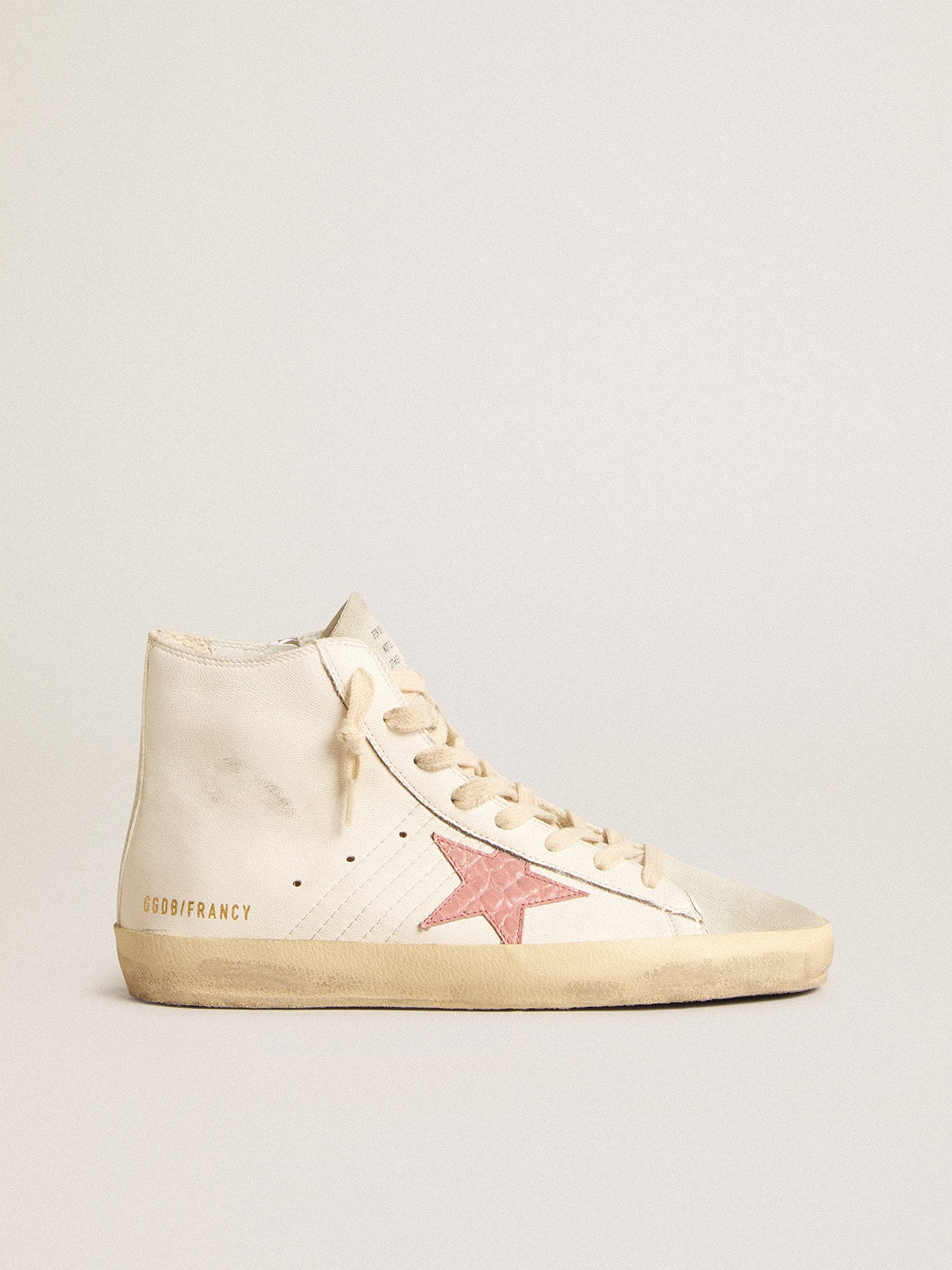Golden Goose Francy In Cream Nappa With Pink Crocodile-Print Leather Star Womens