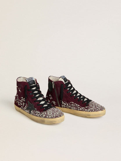 Golden Goose Womens Francy Lab In Burgundy Suede With Glossy Black Leather Star And Rhinestones Womens
