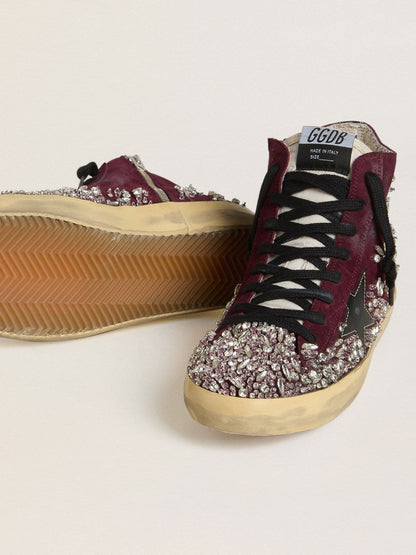 Golden Goose Womens Francy Lab In Burgundy Suede With Glossy Black Leather Star And Rhinestones Womens