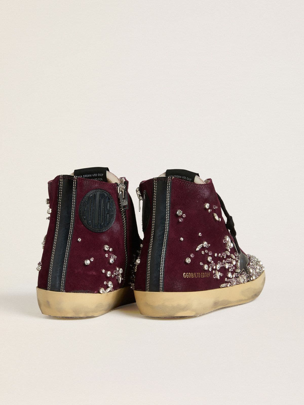 Golden Goose Womens Francy Lab In Burgundy Suede With Glossy Black Leather Star And Rhinestones Womens
