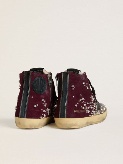 Golden Goose Womens Francy Lab In Burgundy Suede With Glossy Black Leather Star And Rhinestones Womens