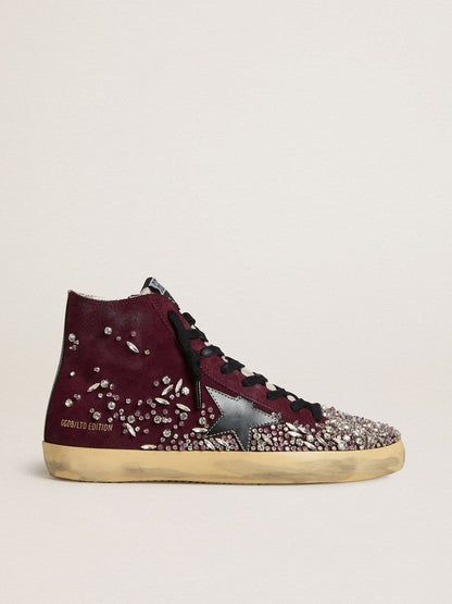 Golden Goose Womens Francy Lab In Burgundy Suede With Glossy Black Leather Star And Rhinestones Womens