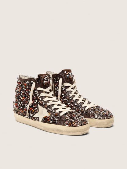 Golden Goose Womens Francy In Dark Brown Leather With Multicolor Rhinestones And White Suede Star Womens
