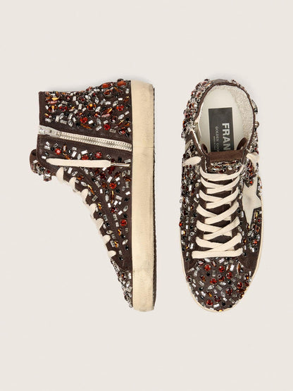 Golden Goose Womens Francy In Dark Brown Leather With Multicolor Rhinestones And White Suede Star Womens