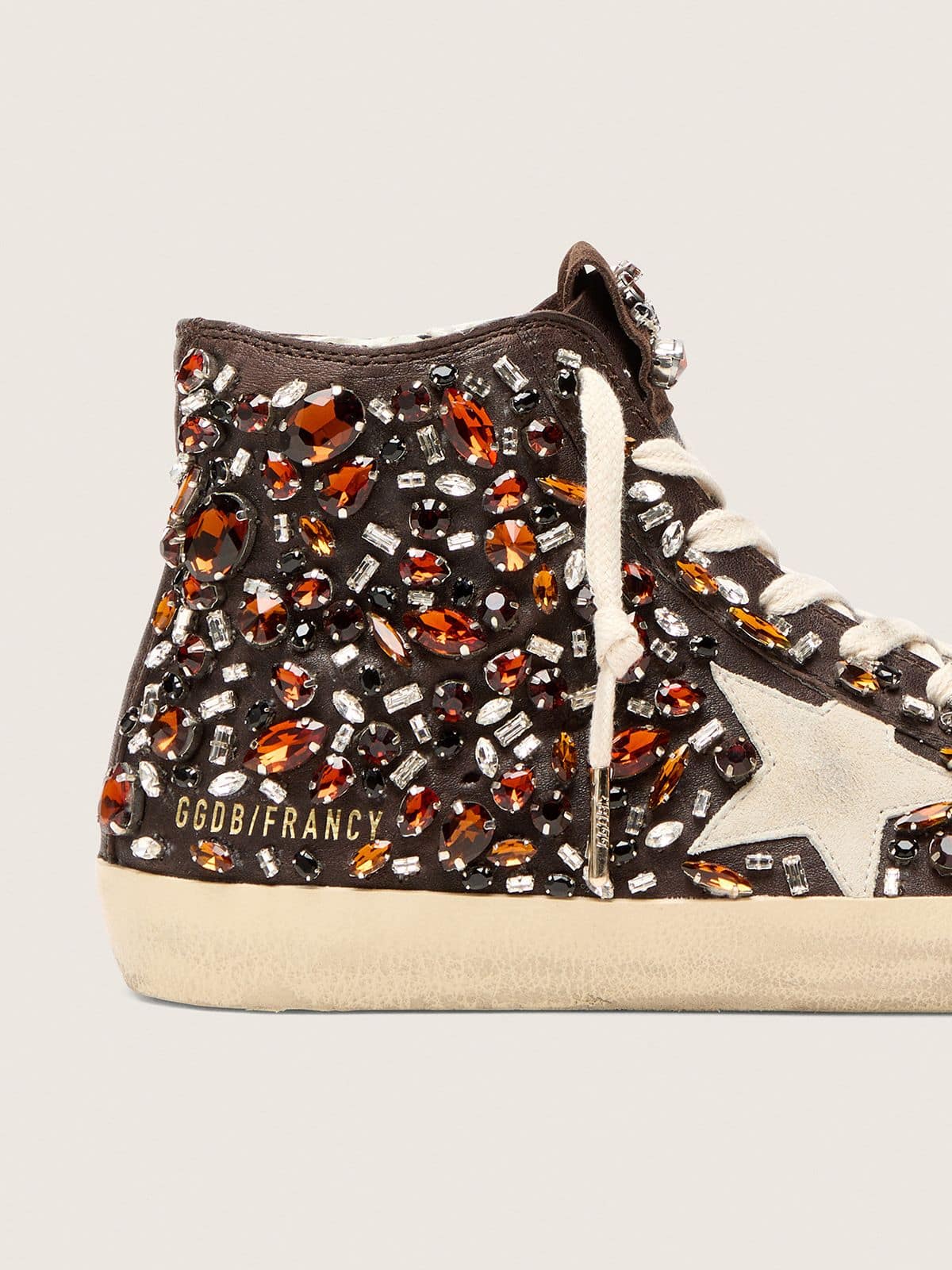Golden Goose Womens Francy In Dark Brown Leather With Multicolor Rhinestones And White Suede Star Womens