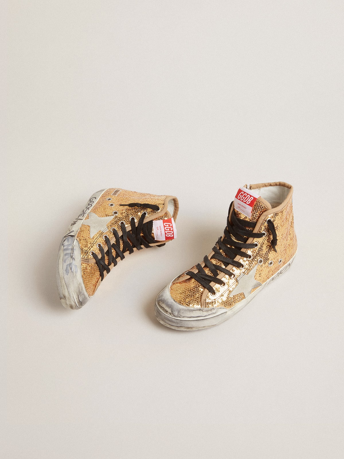 Golden Goose Francy Penstar In Gold Paiettes With Suede Star And Bright Blue Heel Tab Womens