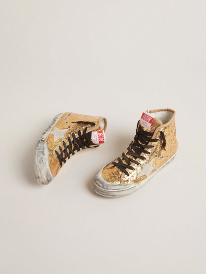 Golden Goose Francy Penstar In Gold Paiettes With Suede Star And Bright Blue Heel Tab Womens