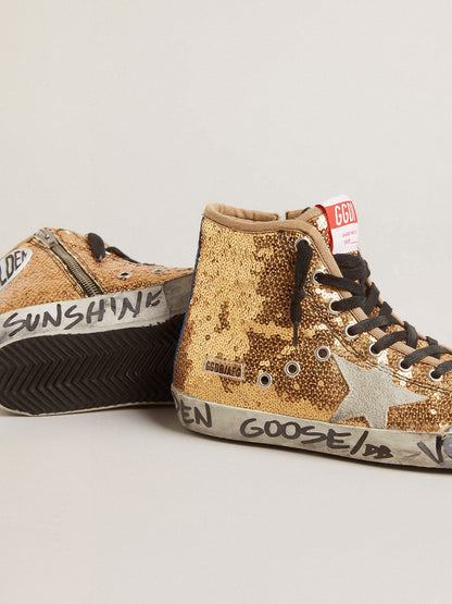 Golden Goose Francy Penstar In Gold Paiettes With Suede Star And Bright Blue Heel Tab Womens