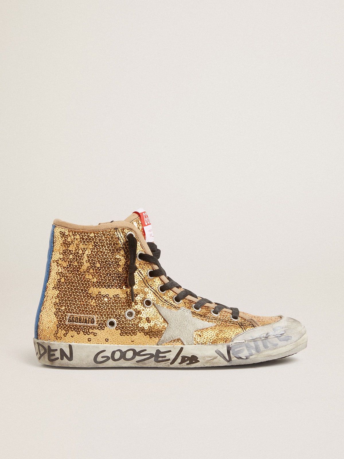 Golden Goose Francy Penstar In Gold Paiettes With Suede Star And Bright Blue Heel Tab Womens