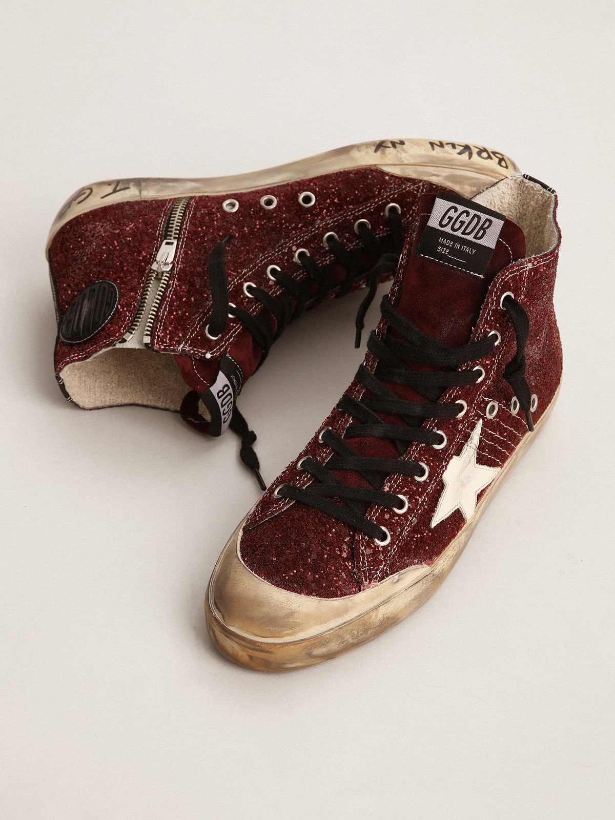Golden Goose Francy Penstar In Burgundy Glitter With White Leather Star Womens