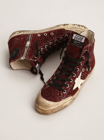 Golden Goose Francy Penstar In Burgundy Glitter With White Leather Star Womens