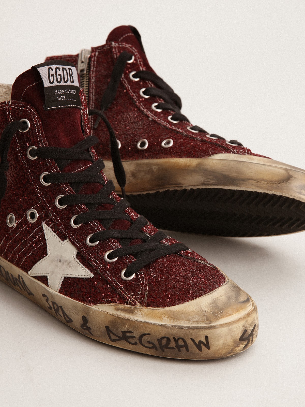 Golden Goose Francy Penstar In Burgundy Glitter With White Leather Star Womens