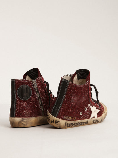 Golden Goose Francy Penstar In Burgundy Glitter With White Leather Star Womens