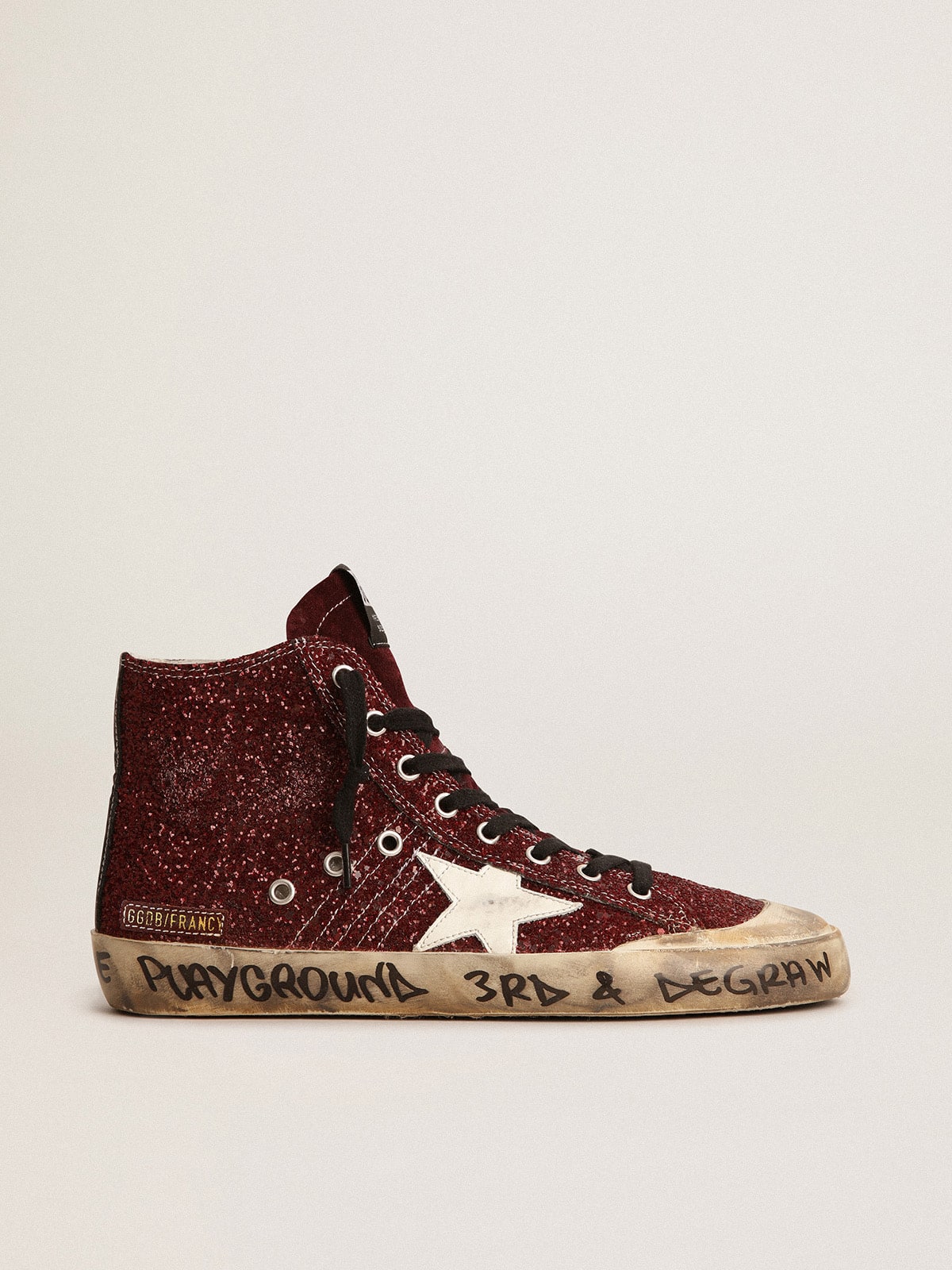 Golden Goose Francy Penstar In Burgundy Glitter With White Leather Star Womens