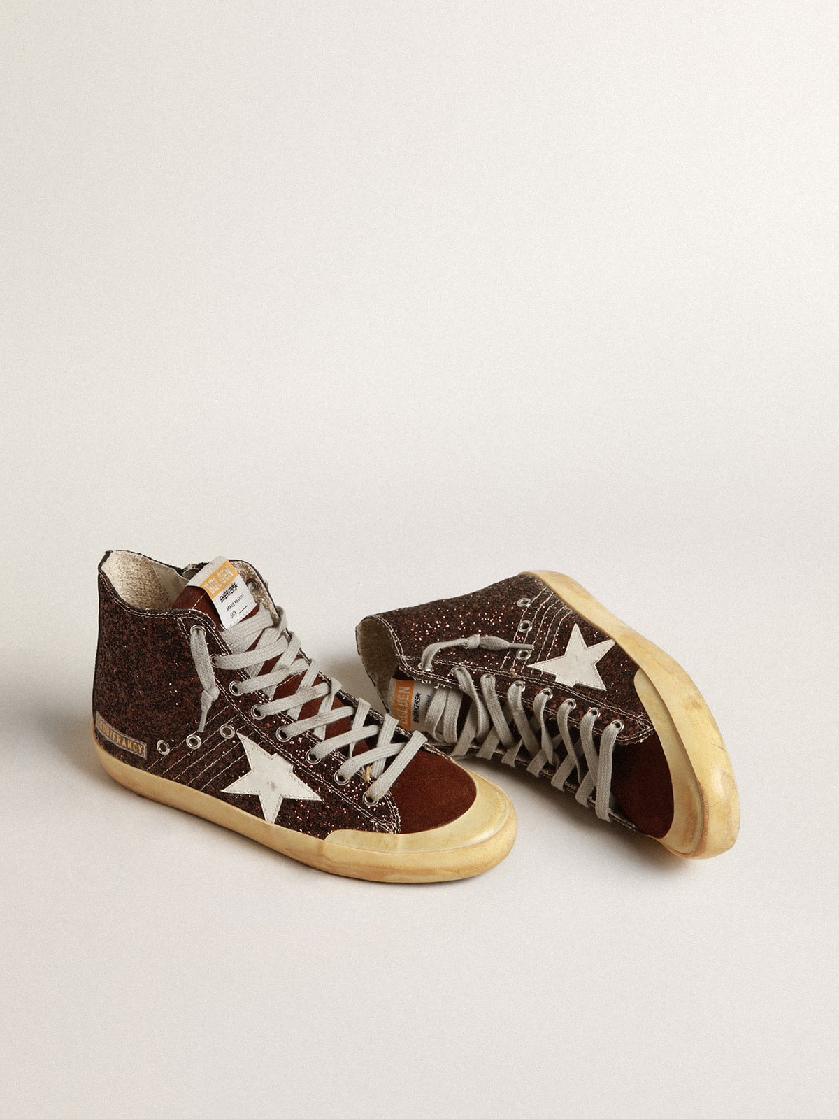 Golden Goose Francy Penstar In Brown Glitter With White Leather Star Womens