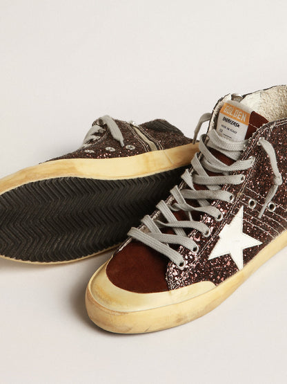 Golden Goose Francy Penstar In Brown Glitter With White Leather Star Womens