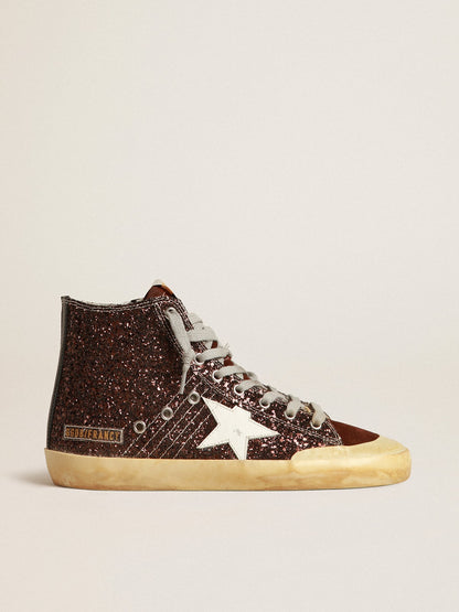 Golden Goose Francy Penstar In Brown Glitter With White Leather Star Womens