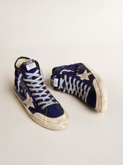 Golden Goose Womens Francy Penstar In Bright Blue Sequins With Ice-Gray Suede Star Womens