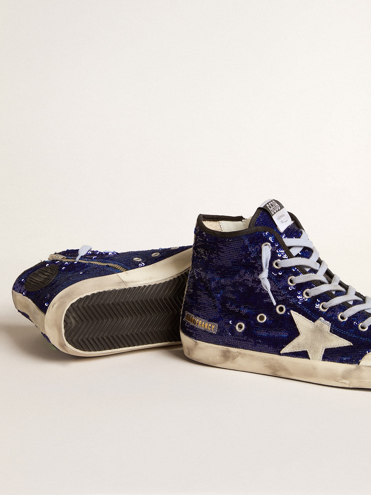 Golden Goose Womens Francy Penstar In Bright Blue Sequins With Ice-Gray Suede Star Womens